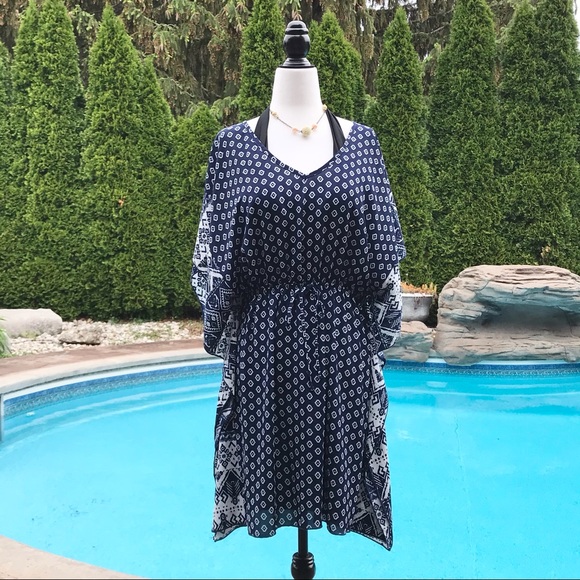 Blue & White Tunic Swim Cover-up with Tie waist - Picture 1 of 5